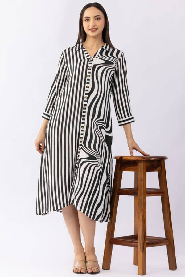 Black and white striped modal satin collar dress for ladies with 3/4 sleeves