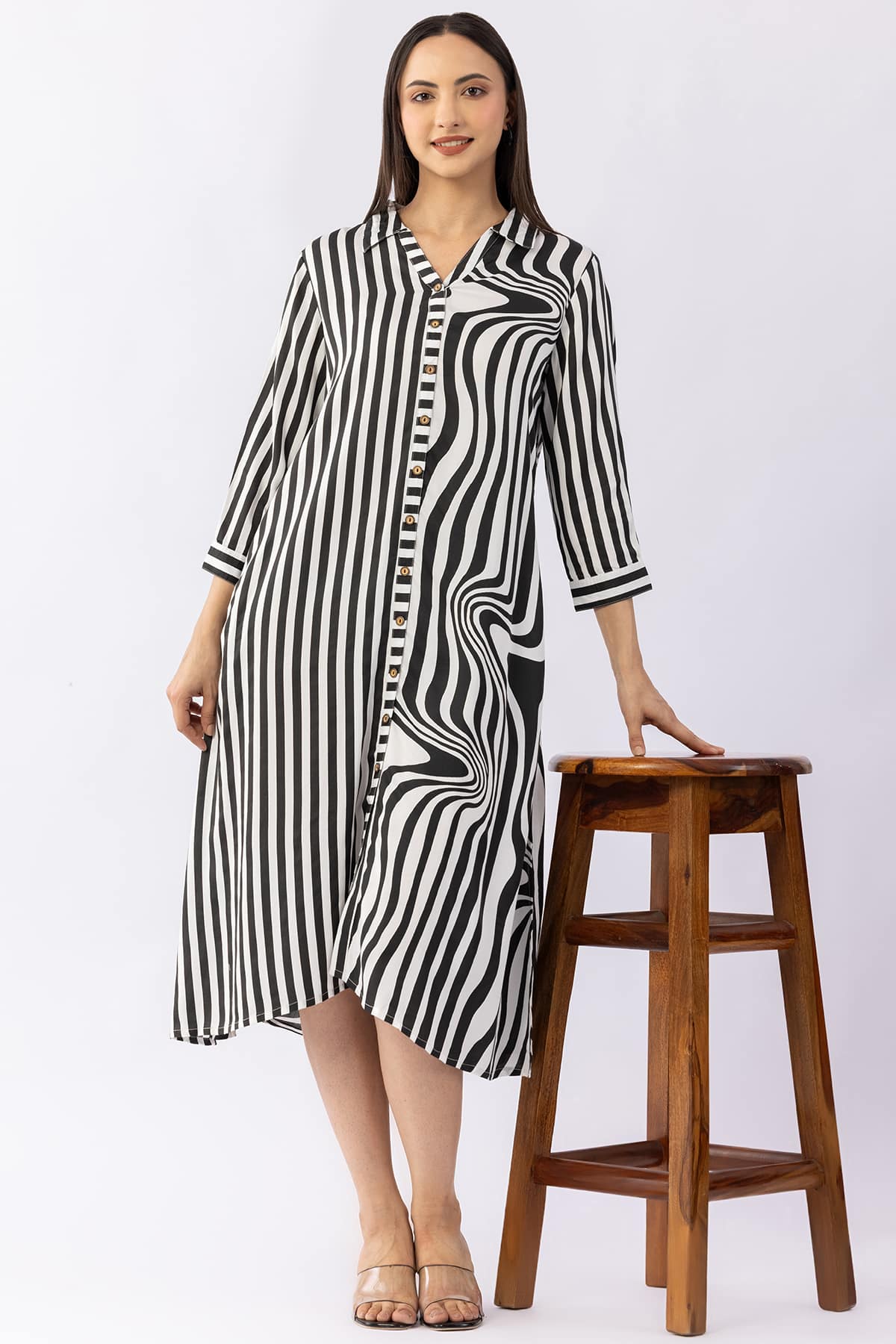 Black and white striped modal satin collar dress for ladies with 3/4 sleeves