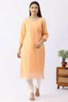 Peach schiffli cotton kurti for women with round neck and 3/4 sleeves