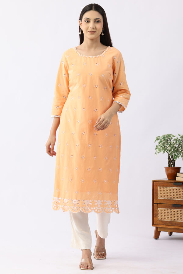 Peach schiffli cotton kurti for women with round neck and 3/4 sleeves