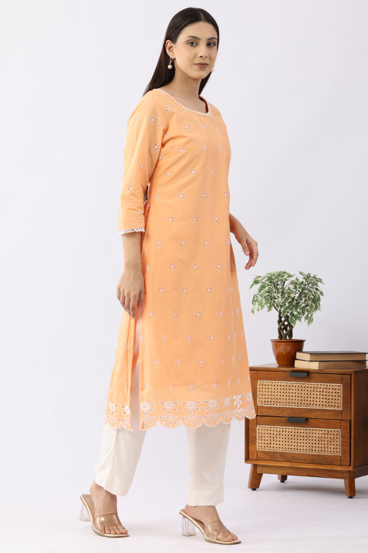 Peach schiffli cotton kurti for women with round neck and 3/4 sleeves