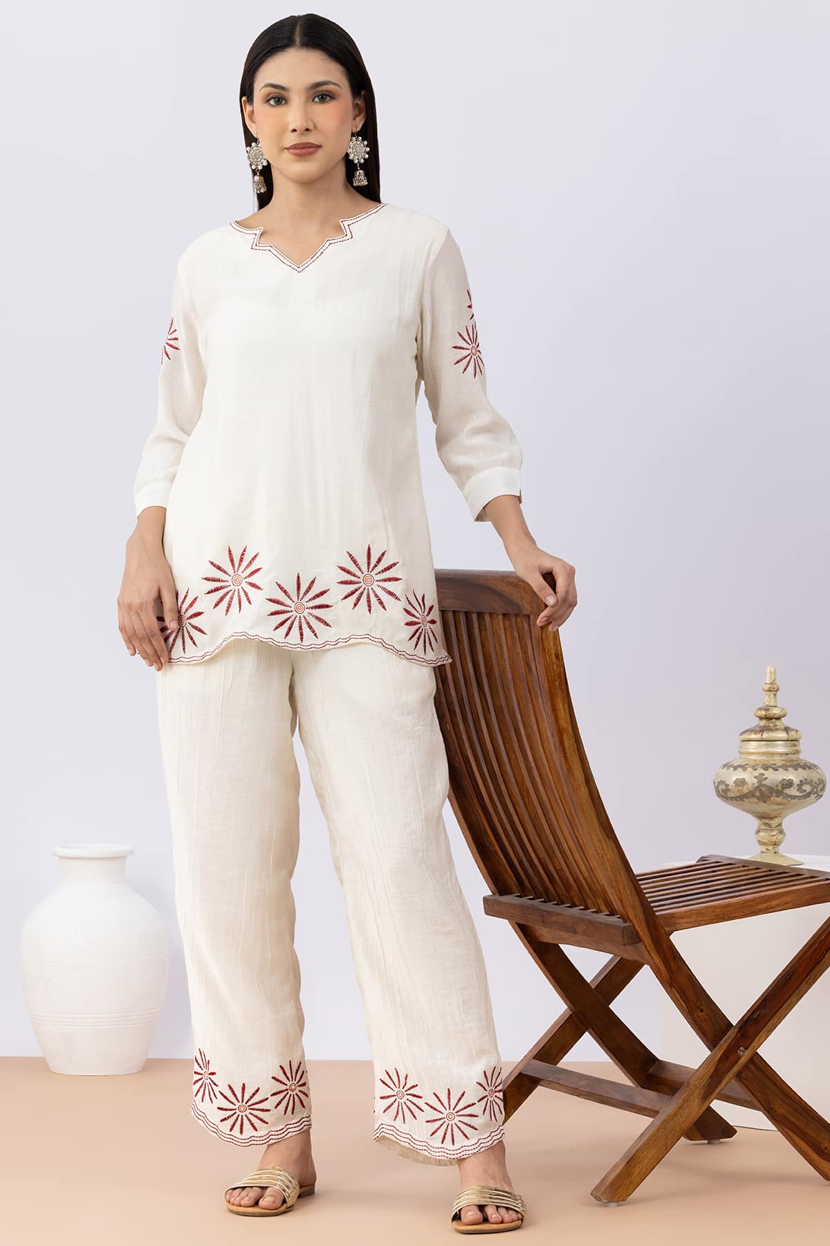 Embroidered Off White Viscose Co-Ord Top with V Neck & 3/4 Sleeves - Image 4