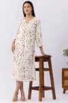 Printed off white crepe dress for women with V neck and 3/4 sleeves