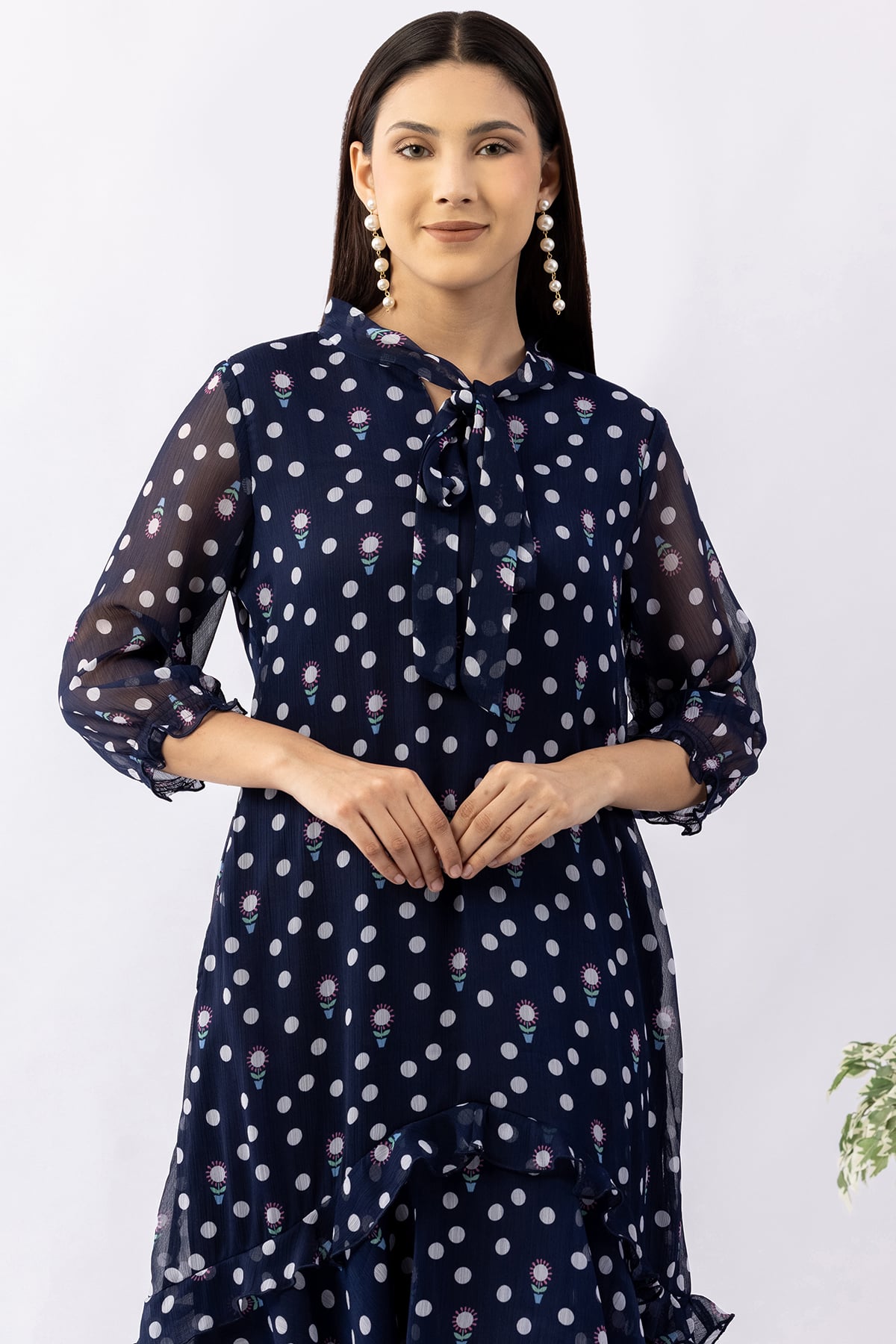 Printed navy blue chiffon dress for women with string tie neck and 3/4 sleeves