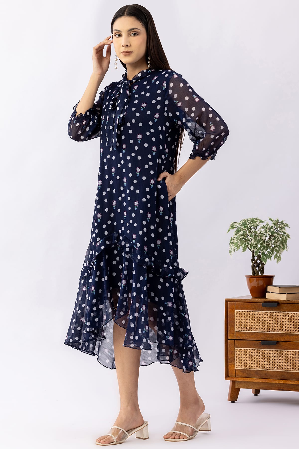 Printed navy blue chiffon dress for women with string tie neck and 3/4 sleeves
