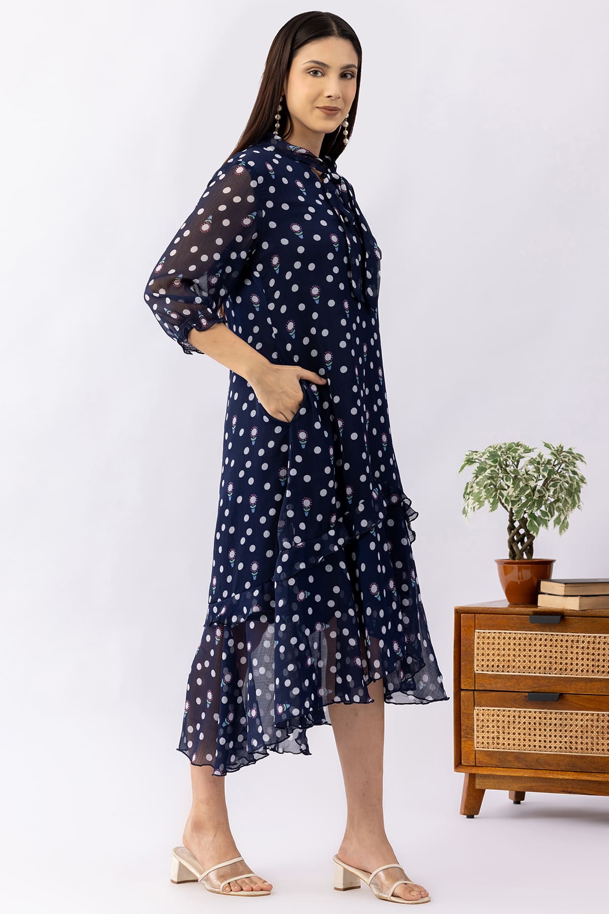Printed navy blue chiffon dress for women with string tie neck and 3/4 sleeves