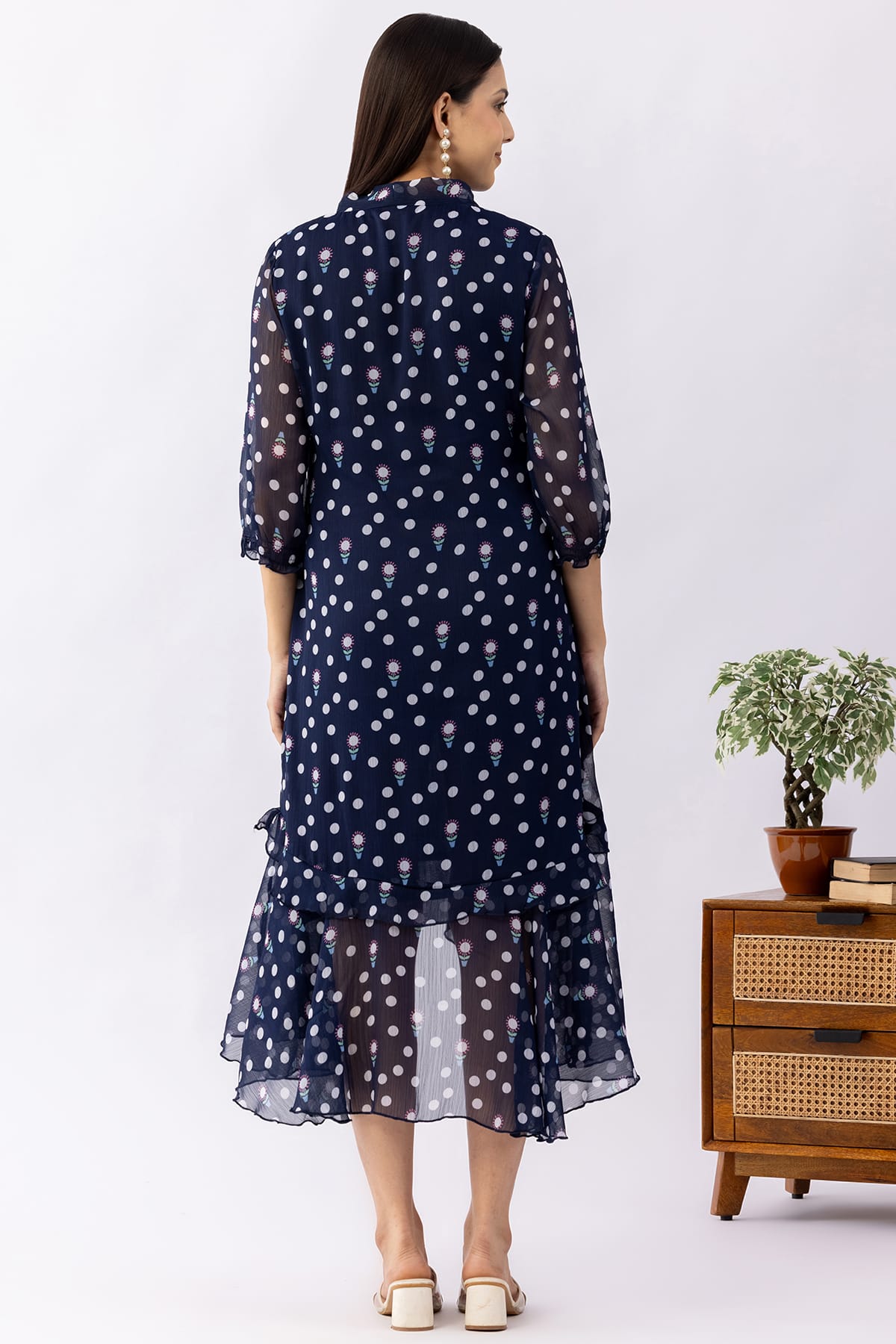 Printed navy blue chiffon dress for women with string tie neck and 3/4 sleeves