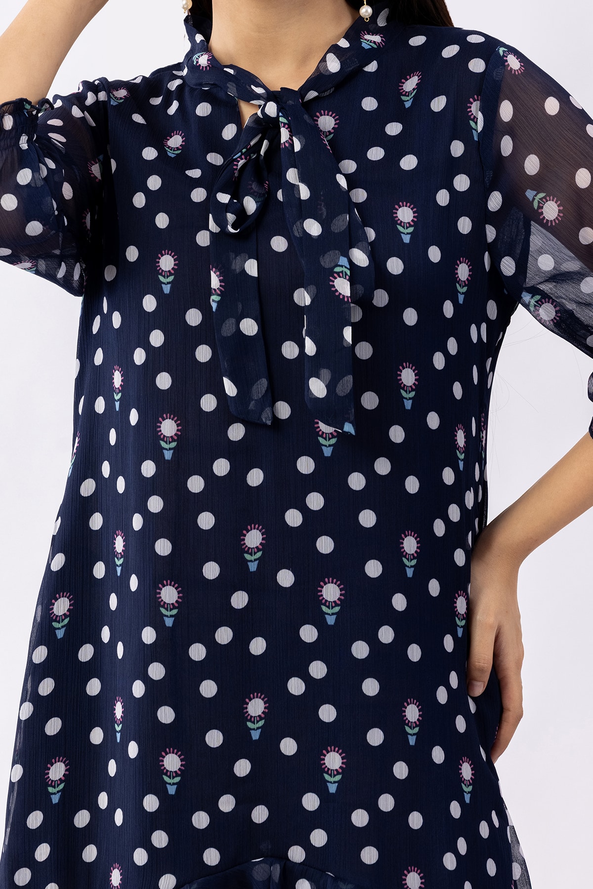 Printed navy blue chiffon dress for women with string tie neck and 3/4 sleeves