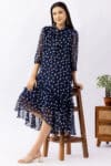 Printed navy blue chiffon dress for women with string tie neck and 3/4 sleeves