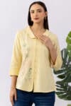 Embroidered yellow viscose linen shirt for women with collared neck and 3/4 sleeves