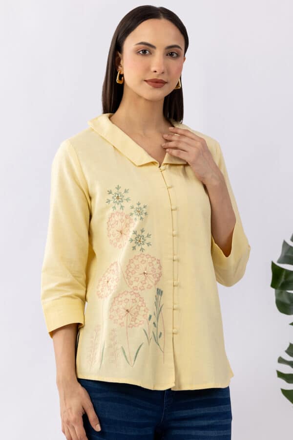 Embroidered yellow viscose linen shirt for women with collared neck and 3/4 sleeves