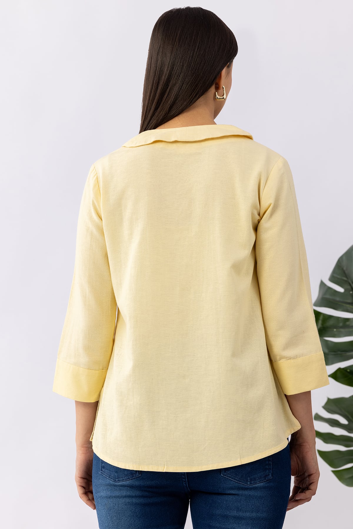 Embroidered yellow viscose linen shirt for women with collared neck and 3/4 sleeves