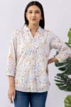 Printed white cotton shirt for women with collared neck and 3/4 sleeves