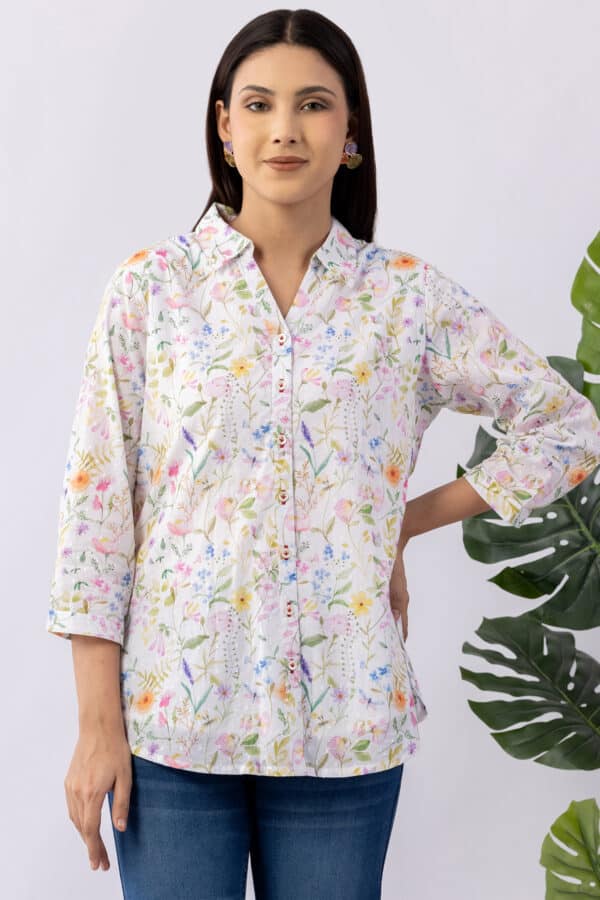 Printed white cotton shirt for women with collared neck and 3/4 sleeves