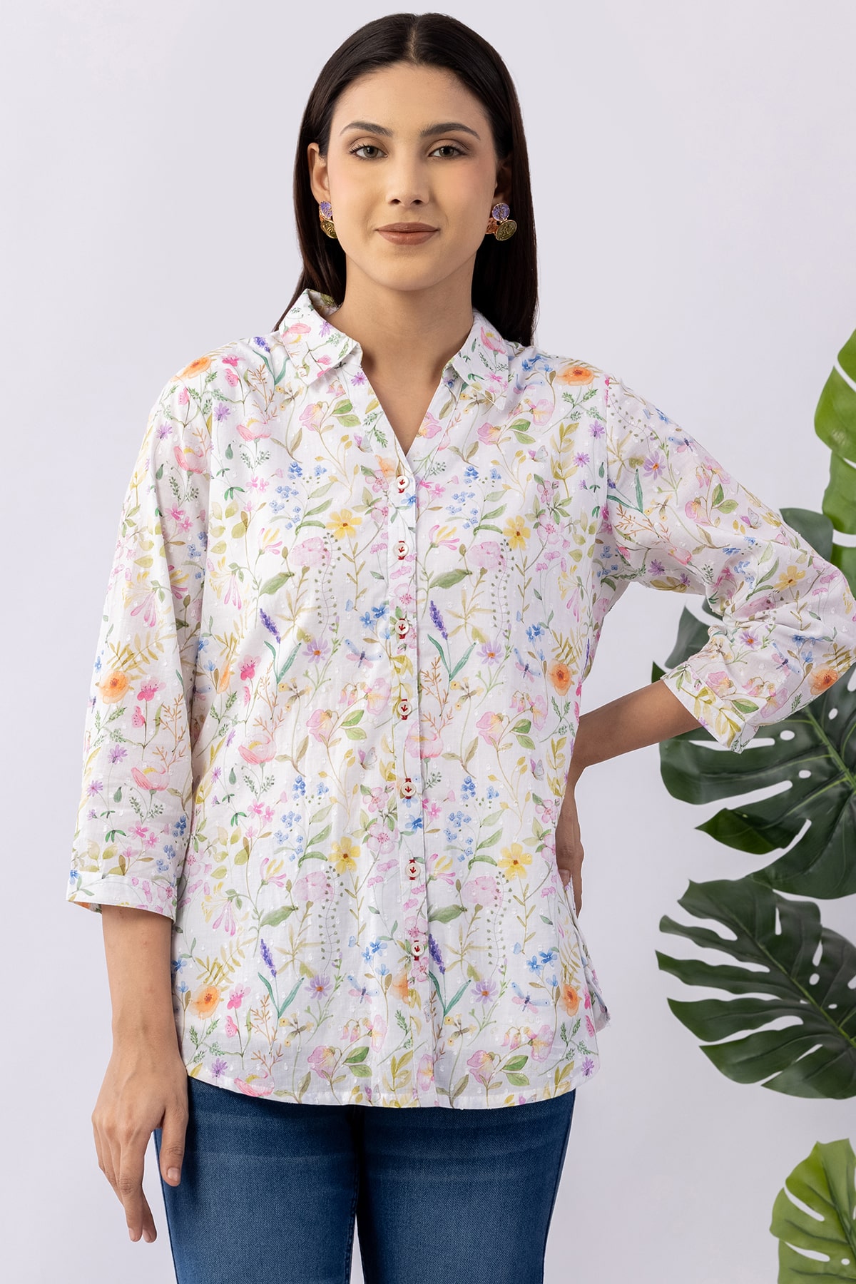 Printed white cotton shirt for women with collared neck and 3/4 sleeves
