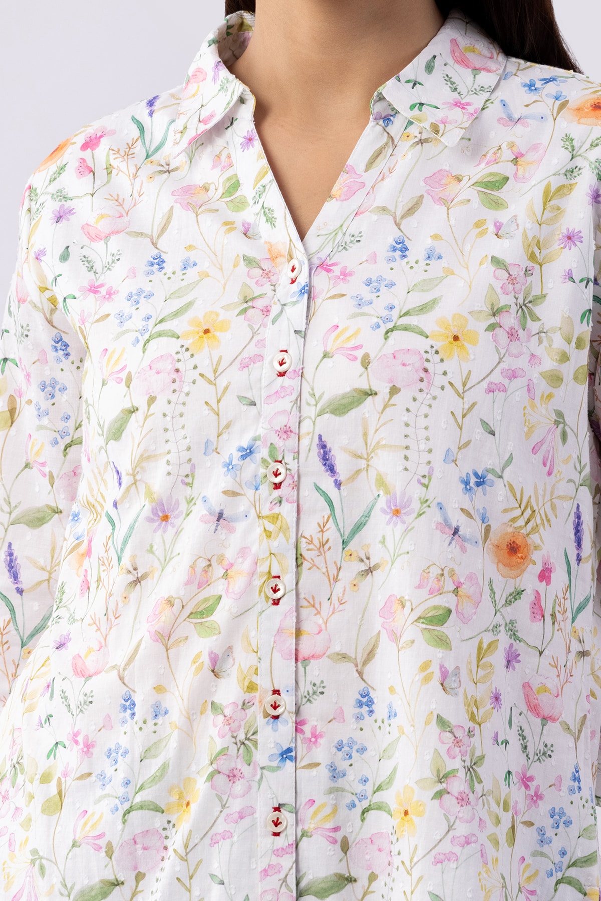 Printed white cotton shirt for women with collared neck and 3/4 sleeves