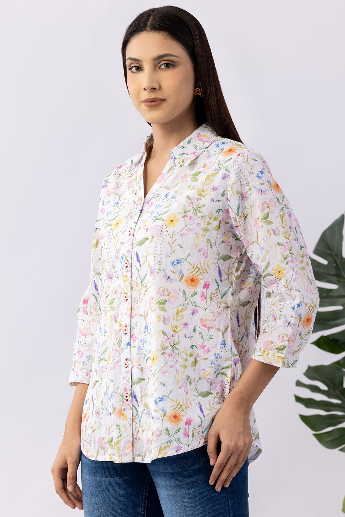 Printed white cotton shirt for women with collared neck and 3/4 sleeves