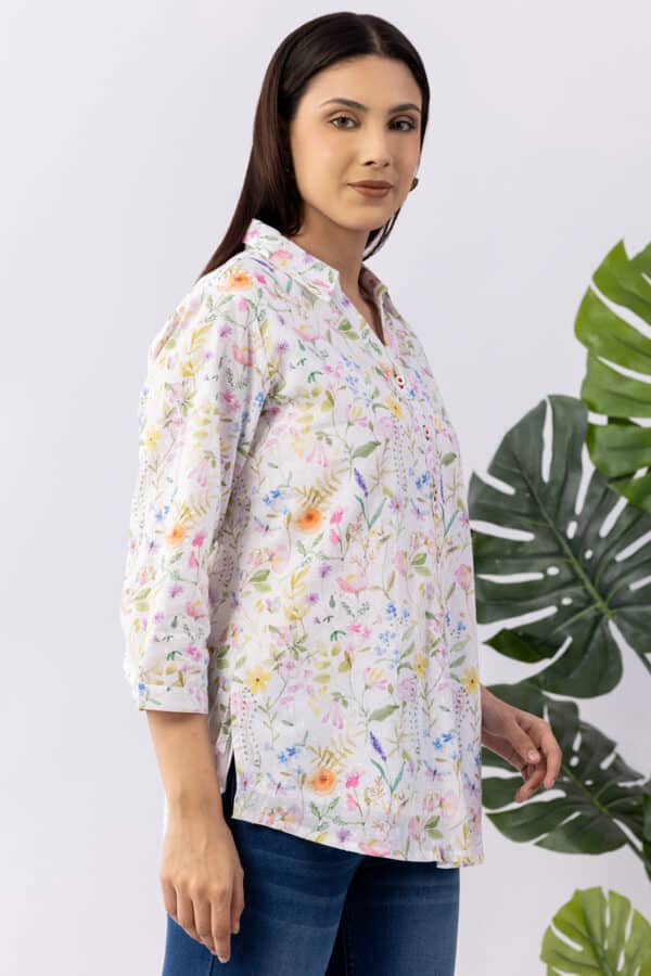 Printed white cotton shirt for women with collared neck and 3/4 sleeves