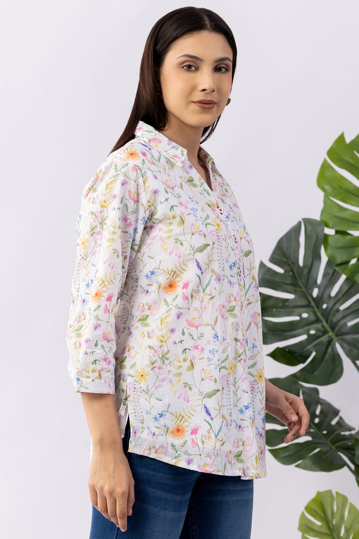 Printed white cotton shirt for women with collared neck and 3/4 sleeves