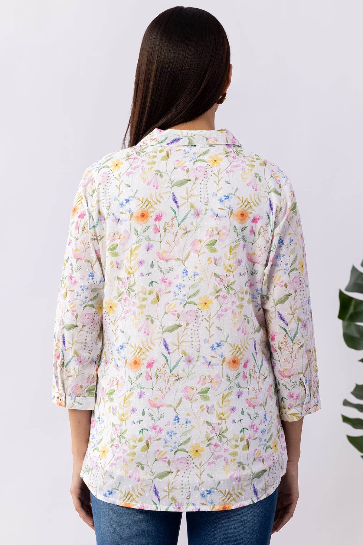 Printed white cotton shirt for women with collared neck and 3/4 sleeves