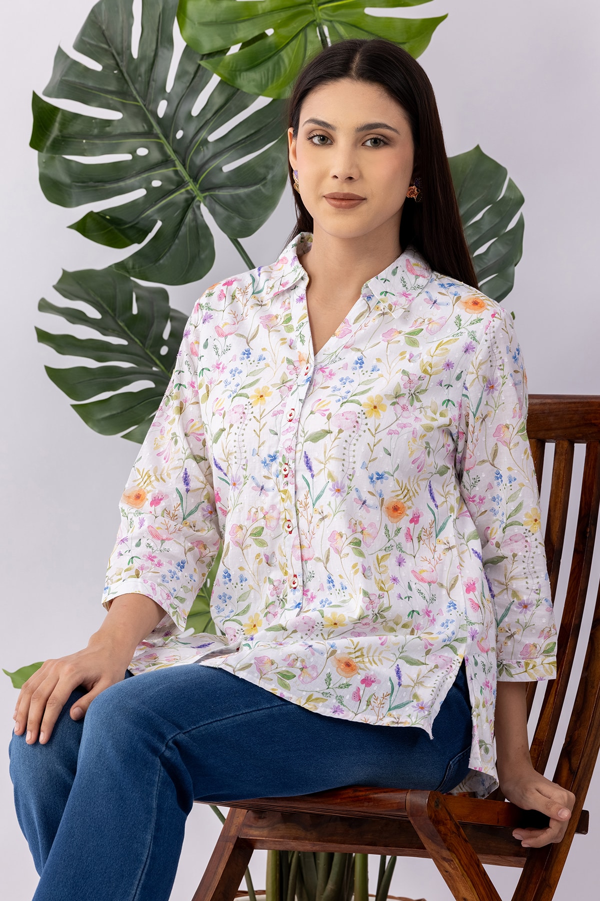 Printed white cotton shirt for women with collared neck and 3/4 sleeves