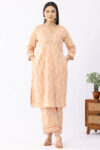 long cotton kurti for women off white printed v neck with 3/4 sleeves