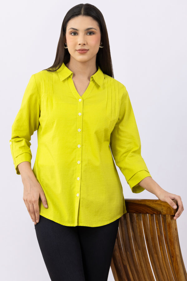 collared shirt womens lime green cotton viscose dobby 3/4 sleeves regular fit