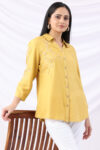 embroidered shirt for women yellow viscose twill collared 3/4 sleeves regular fit
