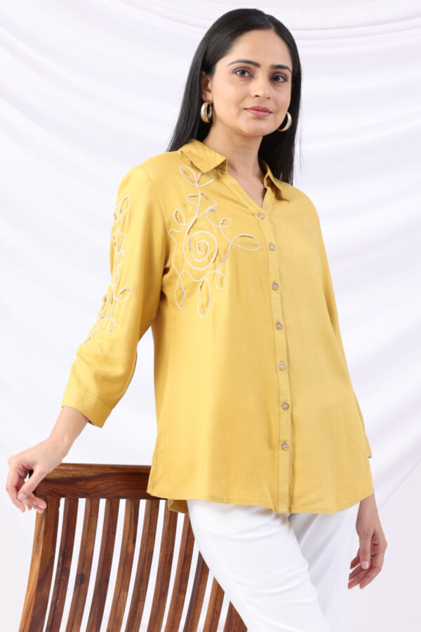 embroidered shirt for women yellow viscose twill collared 3/4 sleeves regular fit