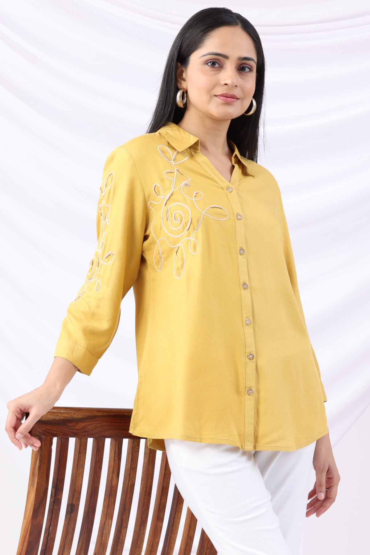 embroidered shirt for women yellow viscose twill collared 3/4 sleeves regular fit