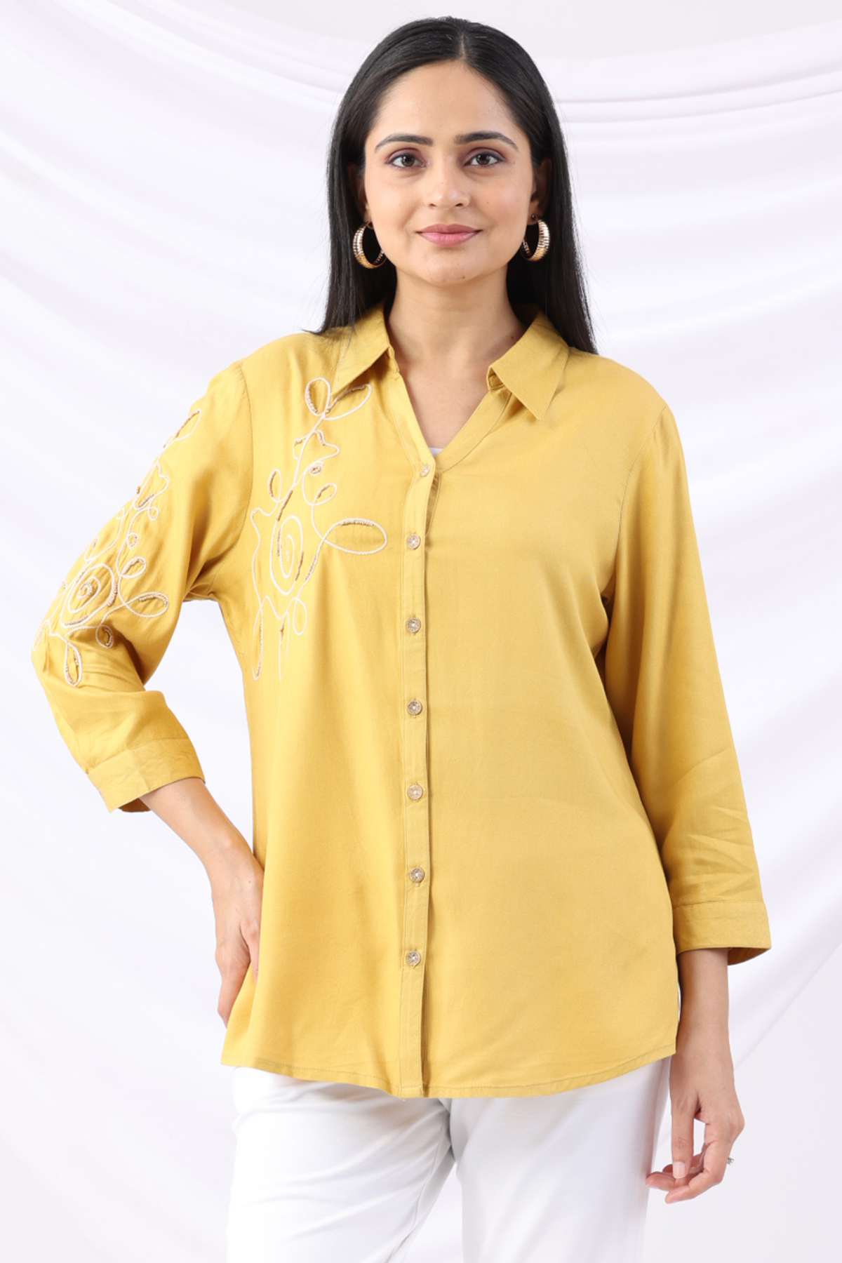 embroidered shirt for women yellow viscose twill collared 3/4 sleeves regular fit