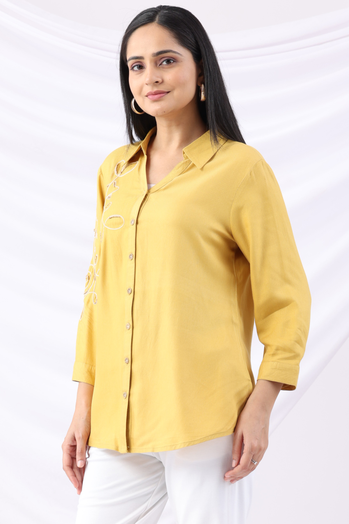 embroidered shirt for women yellow viscose twill collared 3/4 sleeves regular fit