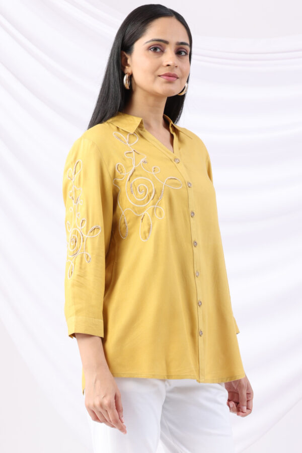 embroidered shirt for women yellow viscose twill collared 3/4 sleeves regular fit