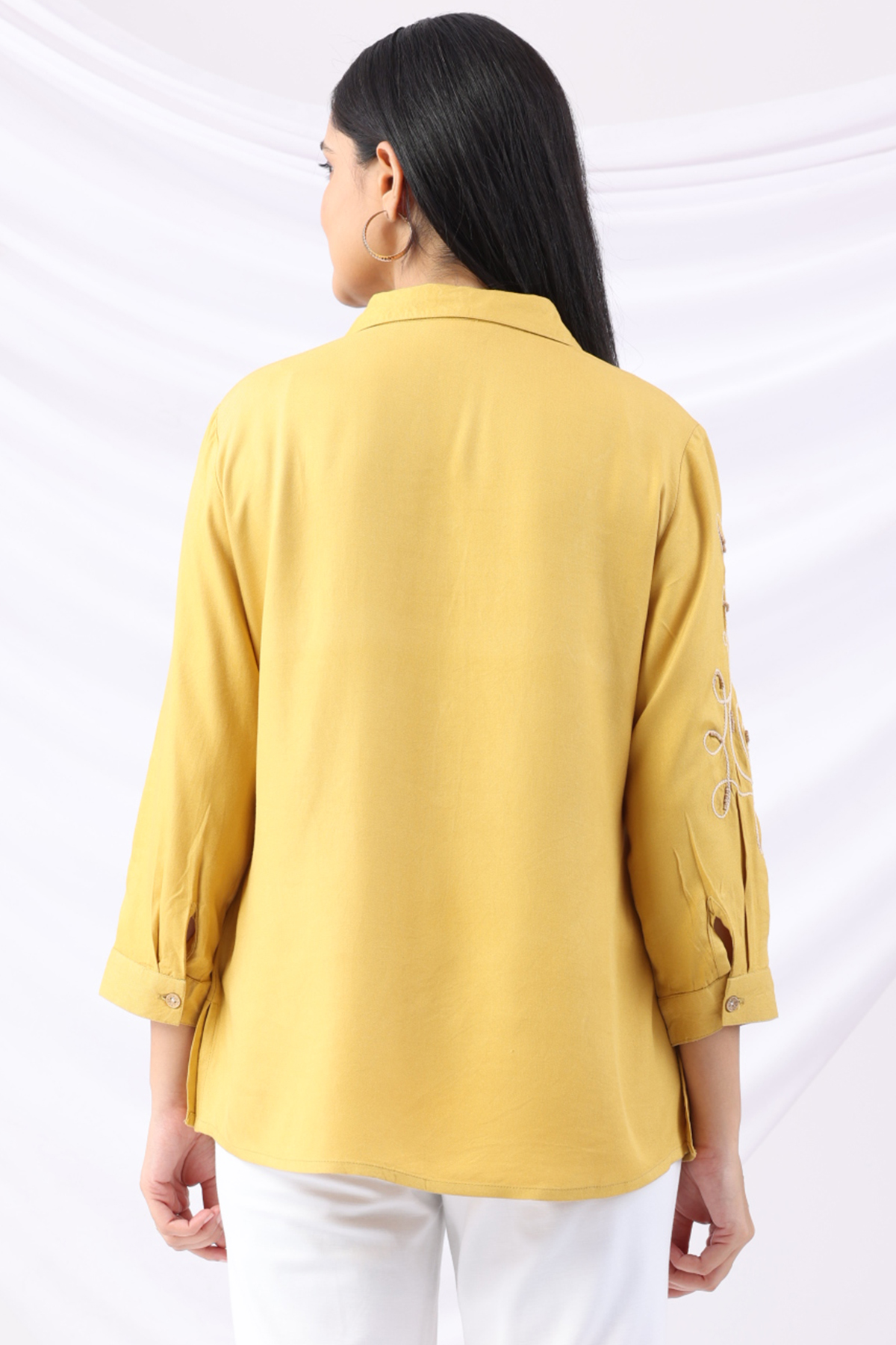 embroidered shirt for women yellow viscose twill collared 3/4 sleeves regular fit