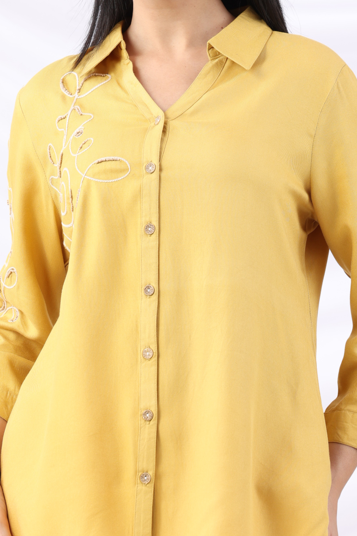 embroidered shirt for women yellow viscose twill collared 3/4 sleeves regular fit