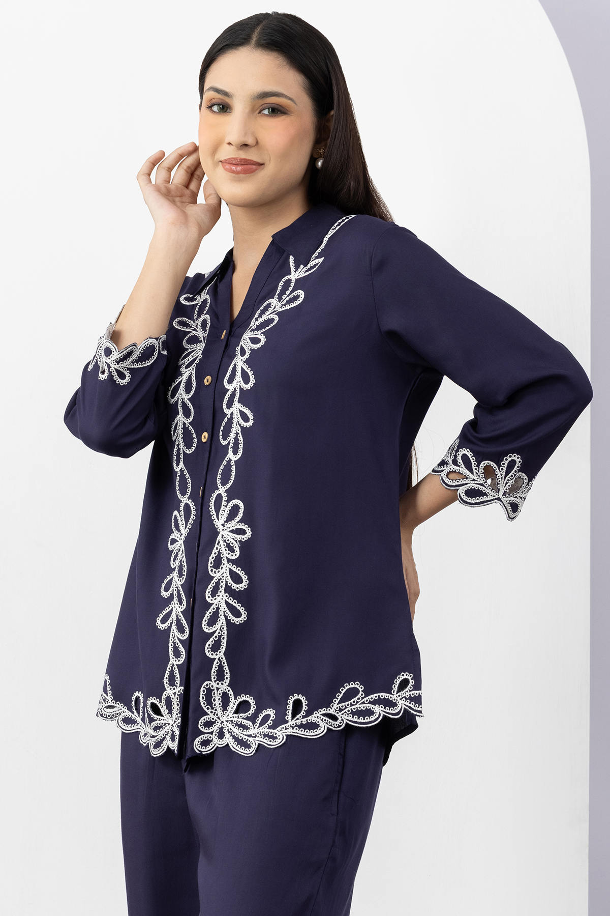co ord set for women navy embroidered tencel twill collared shirt 3/4 sleeves