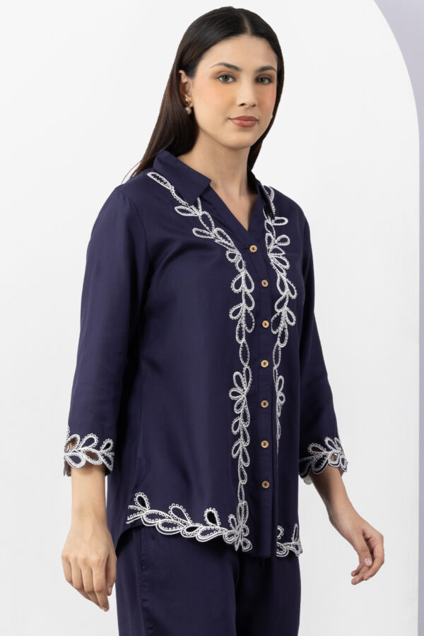 co ord set for women navy embroidered tencel twill collared shirt 3/4 sleeves