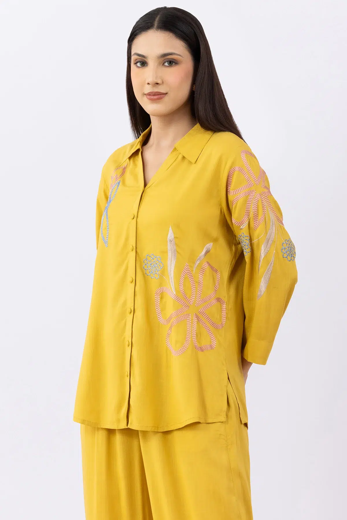 cotton co ord set for women mustard embroidered