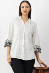 off white shirt for woman striped viscose linen collared with 3/4 sleeves