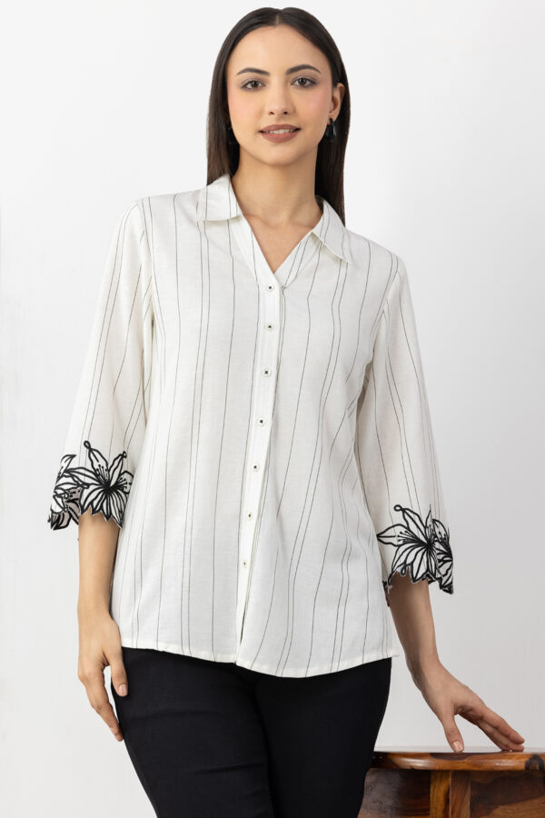 off white shirt for woman striped viscose linen collared with 3/4 sleeves