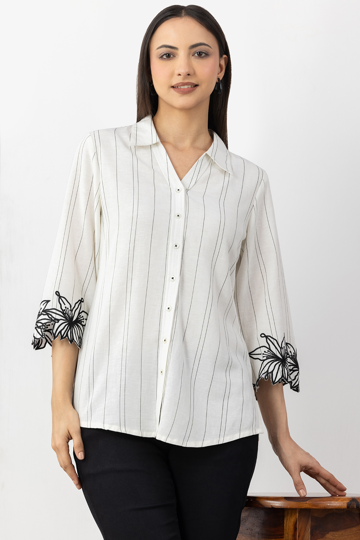 off white shirt for woman striped viscose linen collared with 3/4 sleeves