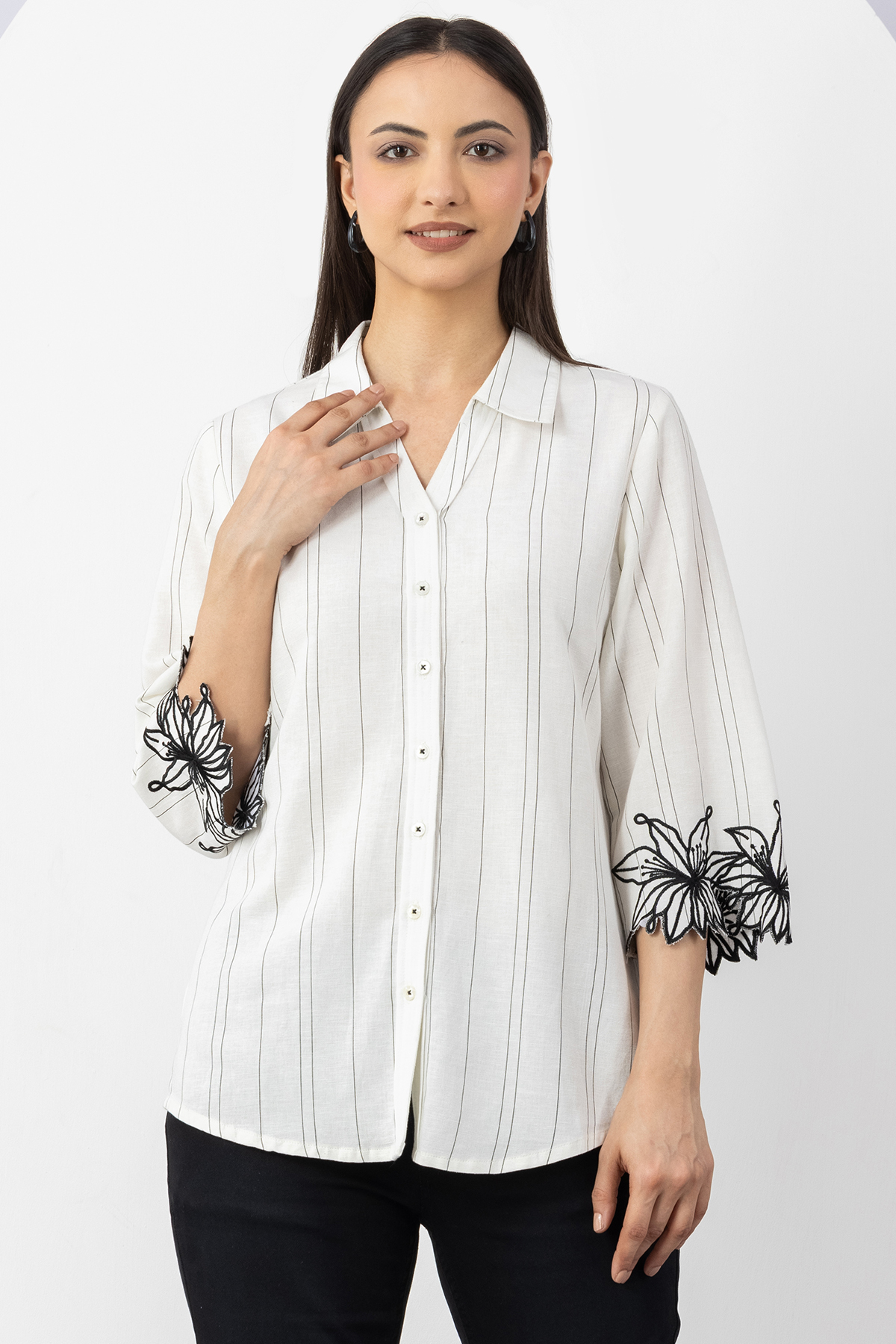 off white shirt for woman striped viscose linen collared with 3/4 sleeves