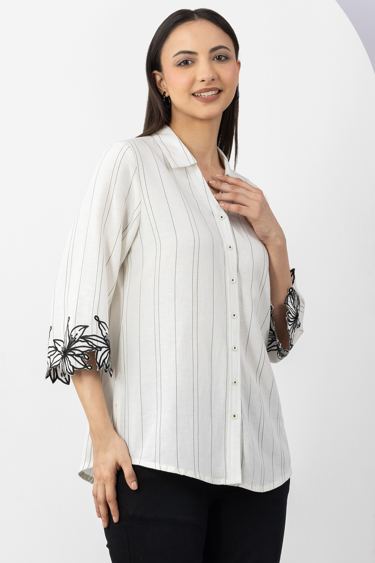 off white shirt for woman striped viscose linen collared with 3/4 sleeves