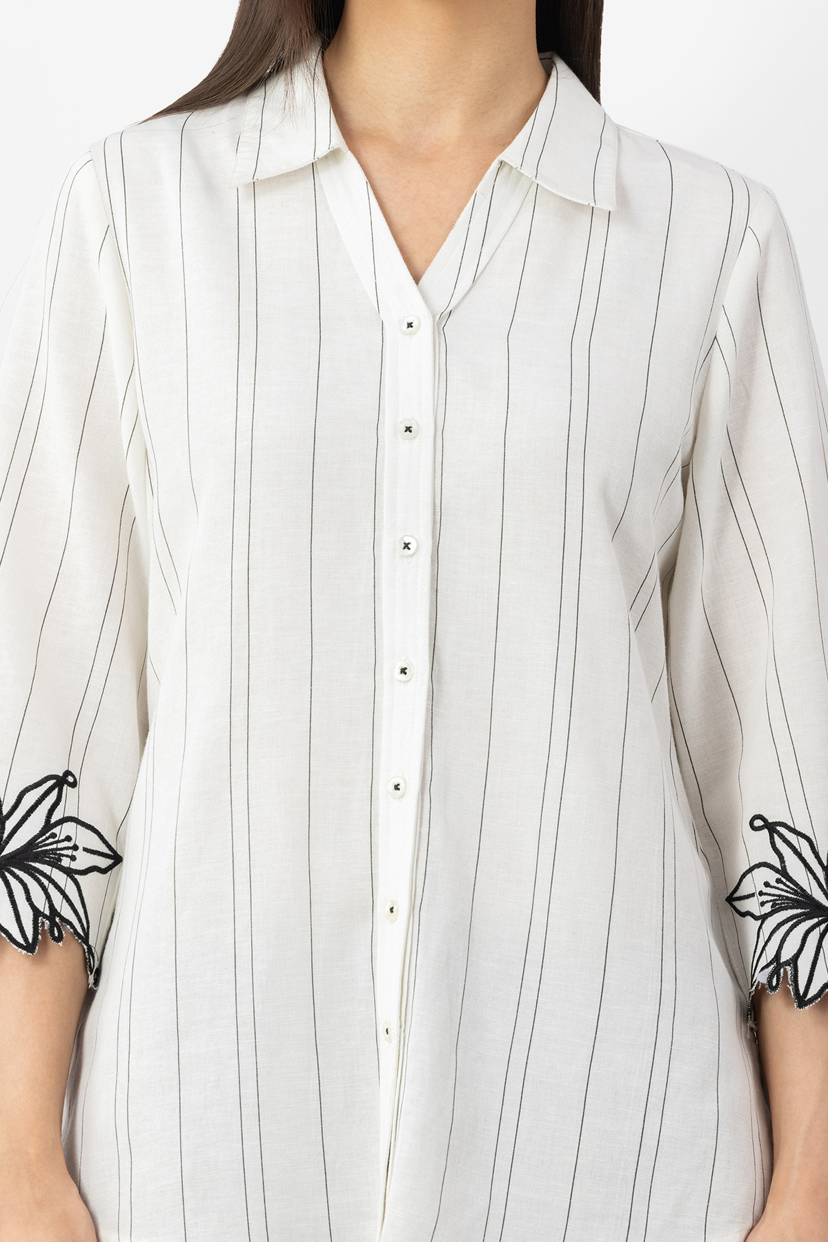 off white shirt for woman striped viscose linen collared with 3/4 sleeves