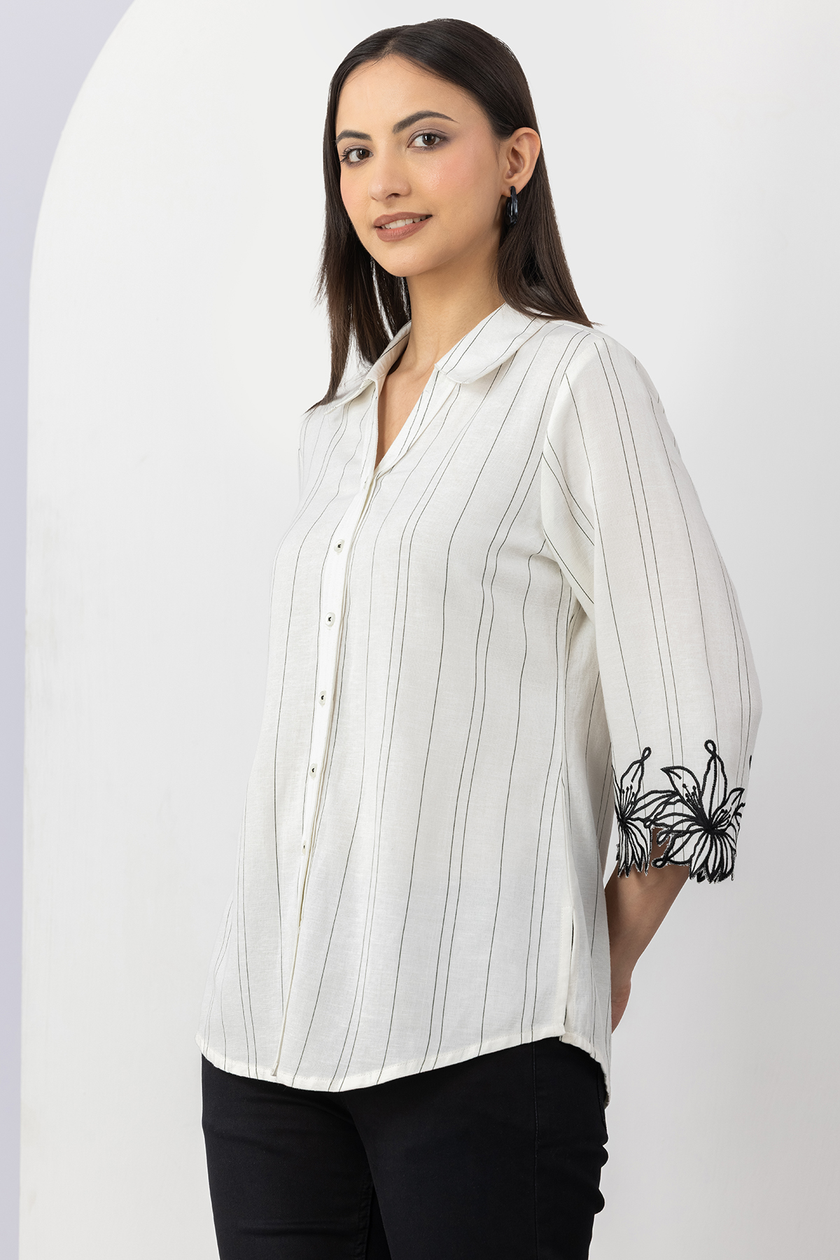 off white shirt for woman striped viscose linen collared with 3/4 sleeves