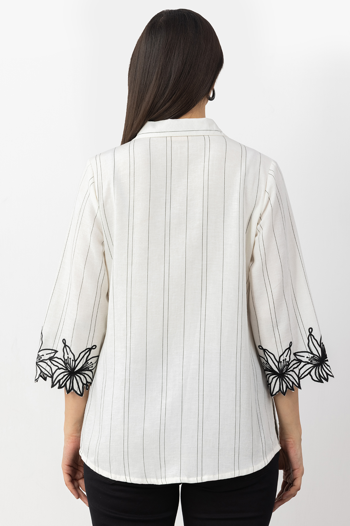 off white shirt for woman striped viscose linen collared with 3/4 sleeves