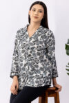 ladies printed shirt black viscose collared with 3/4 sleeves