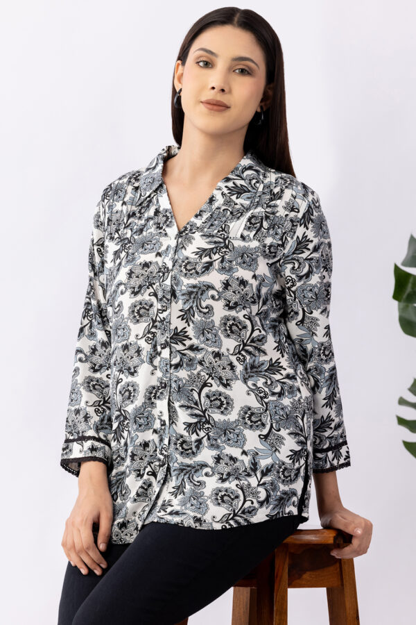 ladies printed shirt black viscose collared with 3/4 sleeves