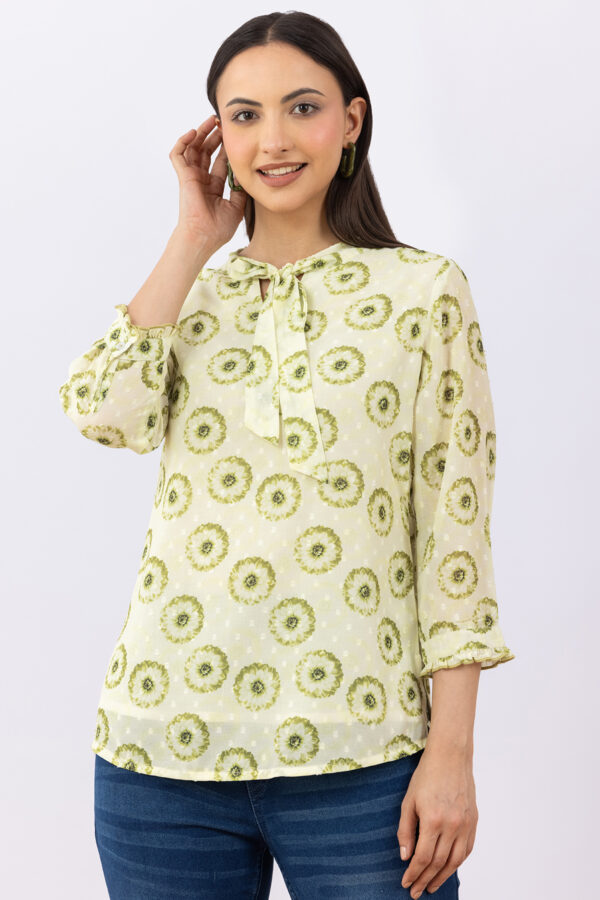 green top for women printed marble chiffon string tie neck with 3/4 sleeves