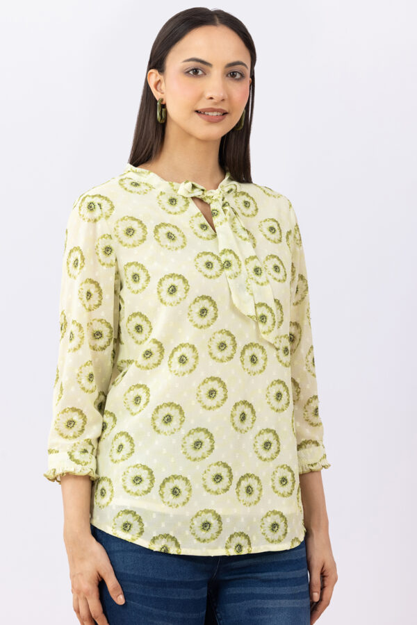 green top for women printed marble chiffon string tie neck with 3/4 sleeves
